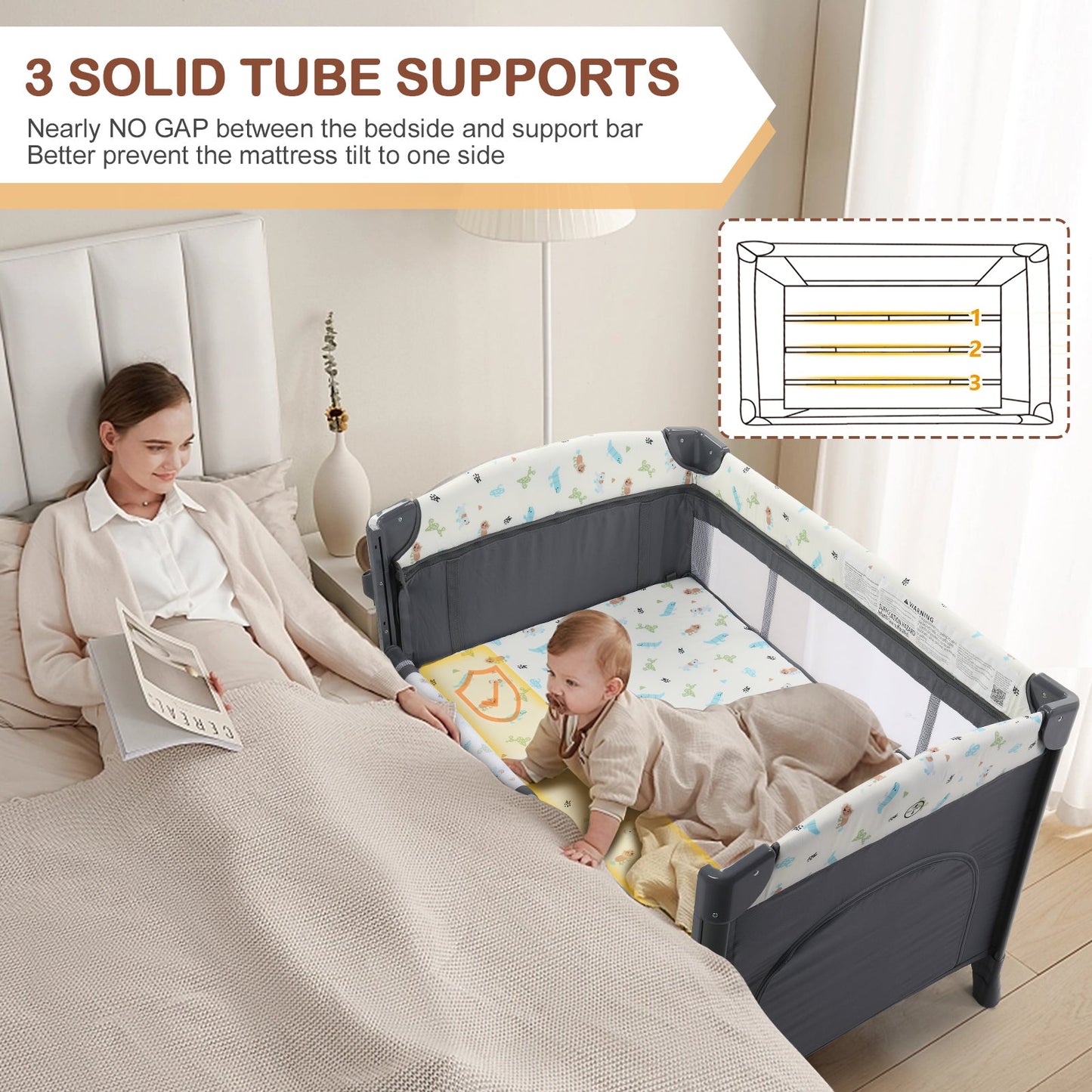 Zimtown 4-in-1 Wide Baby Bassinet Bedside with Mattress, Portable Baby Crib for Newborn to Toddlers, Gray