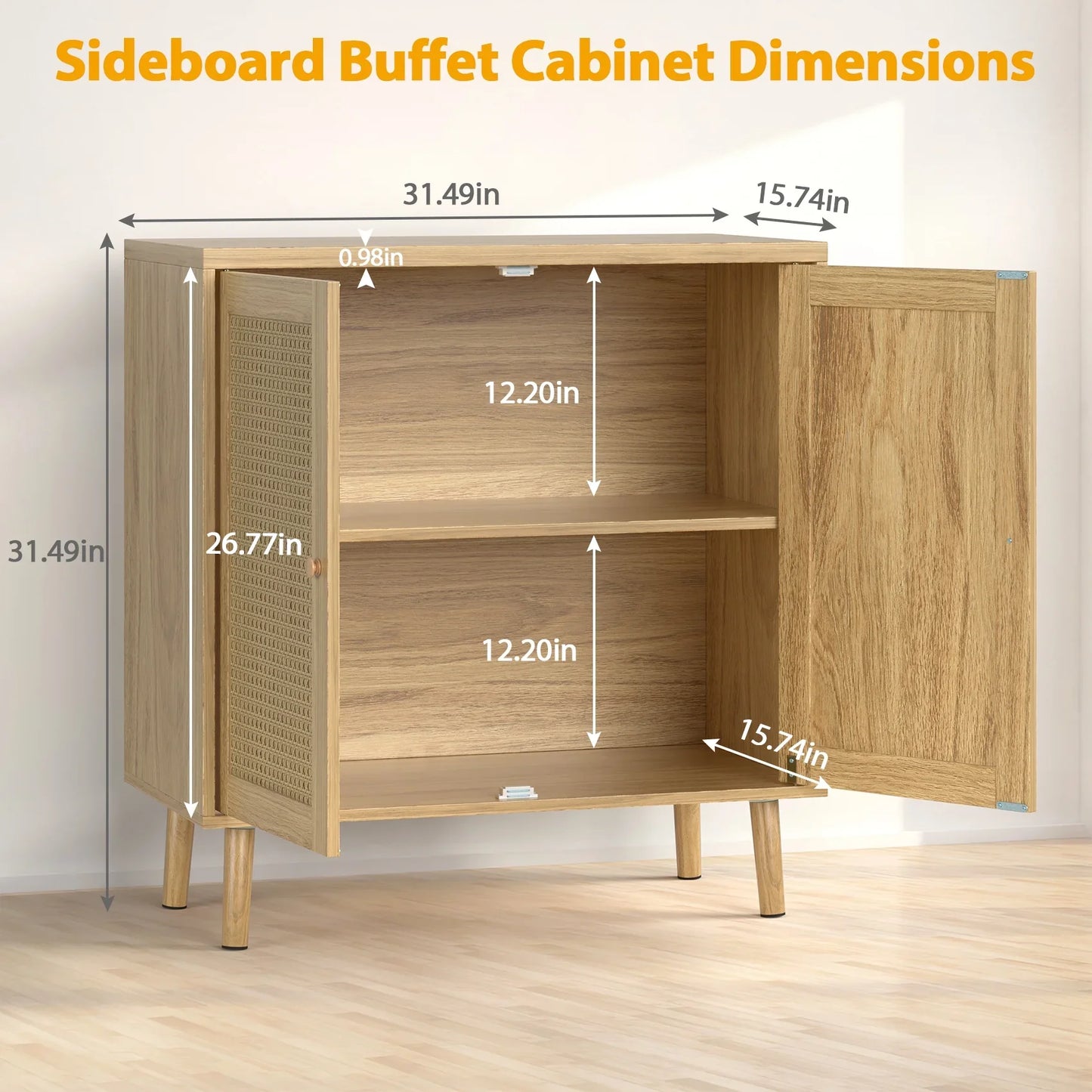 JOZ Wooden Sideboard Buffet Cabinet with Storage, Rattan Door and Solid Wooden Feet, for Kitchen, Hallway, Entry and Living Room, Natural