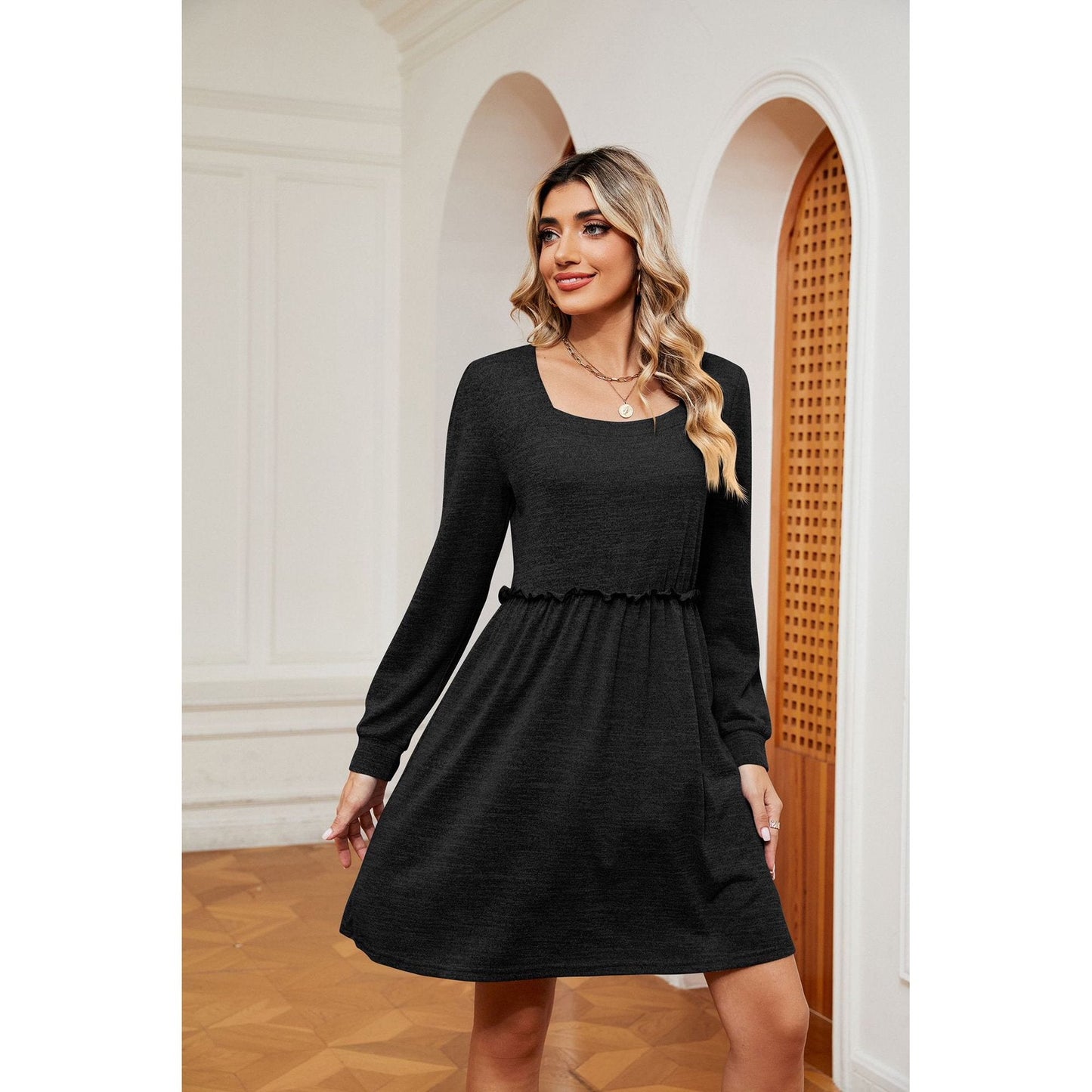 SHIBEVER Womens dress Square Neck shirt dress Long Sleeve Casual Puff Sleeves fall Frock Babydoll Skirt Solid Color Skirts Casual clothes