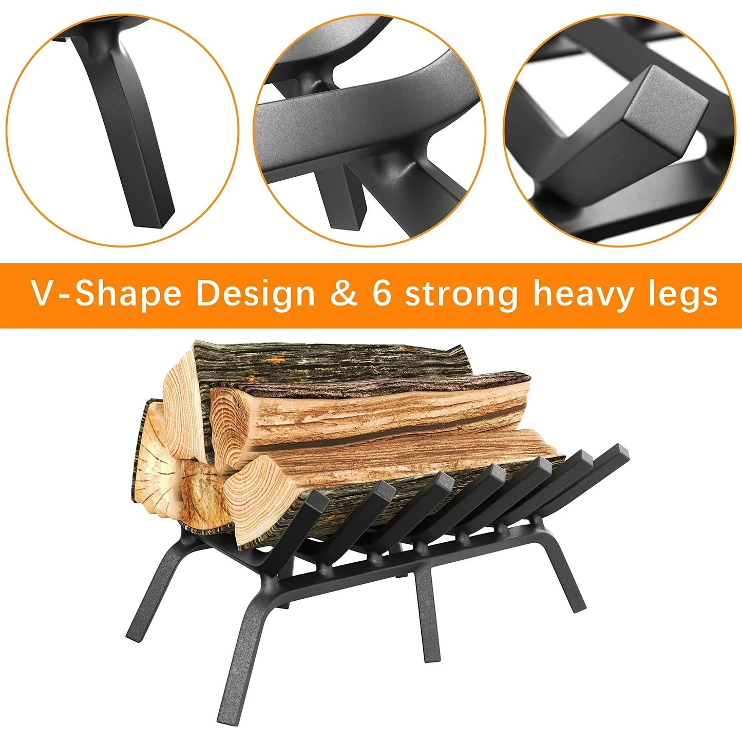 JOZ Fireplace Grate 21 inch Solid Steel Heavy Duty Firewood Log Burning Rack 3/4" Bar Fire Grates for Outdoor Kindling Tools Pit Indoor Fireplace Log Holder Wrought Iron Wood Stove