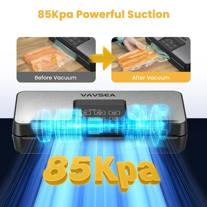 VAVSEA Vacuum Sealer Machine,85kPa Food Vacuum Sealer with Bag Roll Storage Space,8 in 1 Food Vacuum Machine with 10 Vacuum Bags 1 Bag Roll for Sous Vide and Food Storage