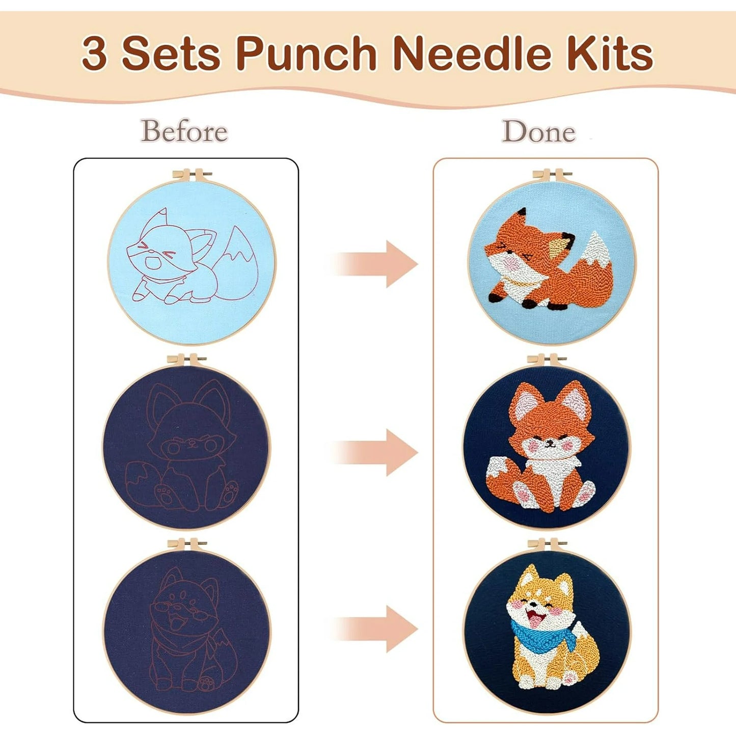 3 Pack Punch Needle Embroidery Kit for Beginners, Rug Hooking Starter Kit with Fox and Dog Pattern Stamped Cloth 3 Embroidery Hoops Woolen and Punch Needle, DIY Handicraft Crafts Kit