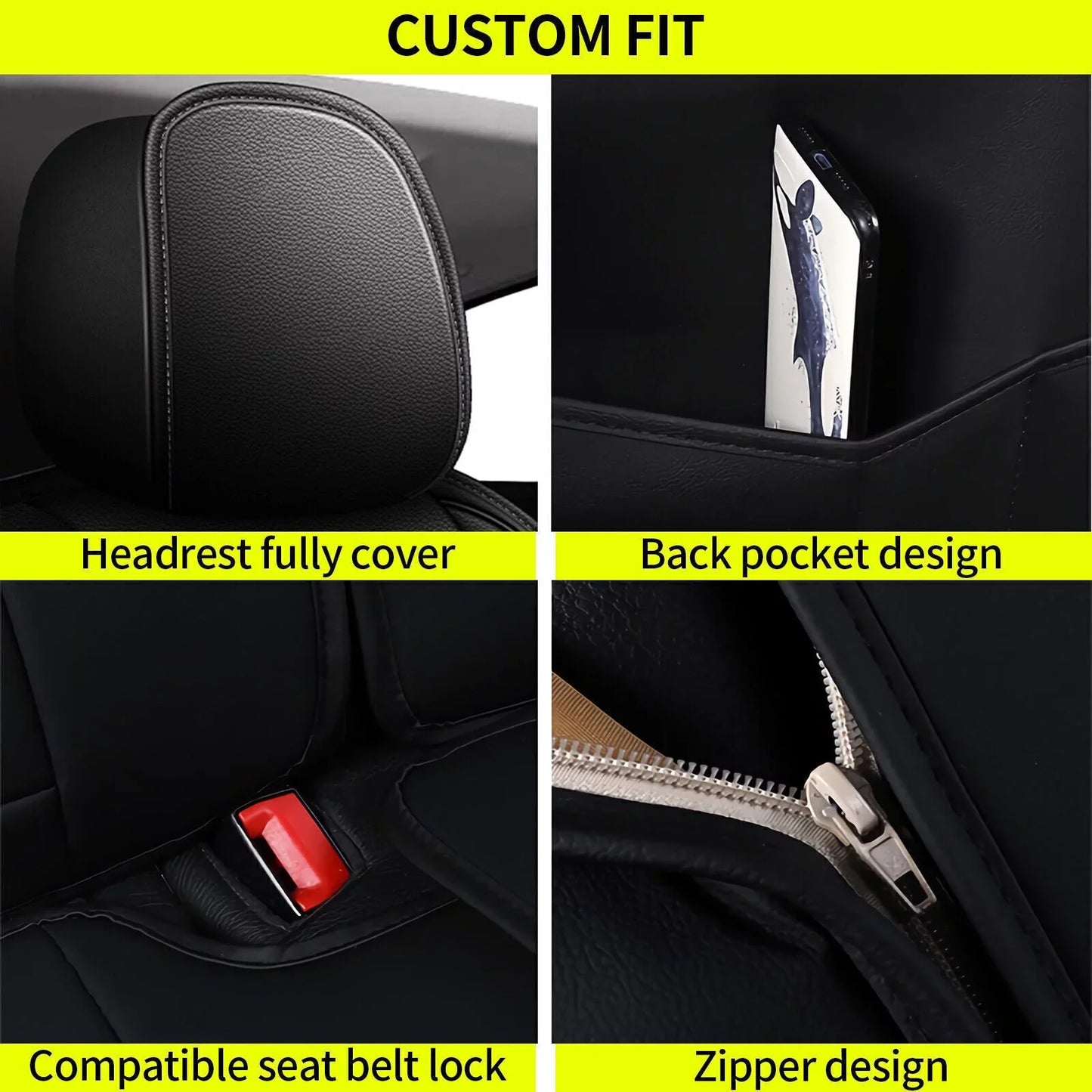 AOMSAZTO Universal 5-Seat Covers Front & Rear Full Set Faux Leather Seat Cushion Protector Waterproof Black