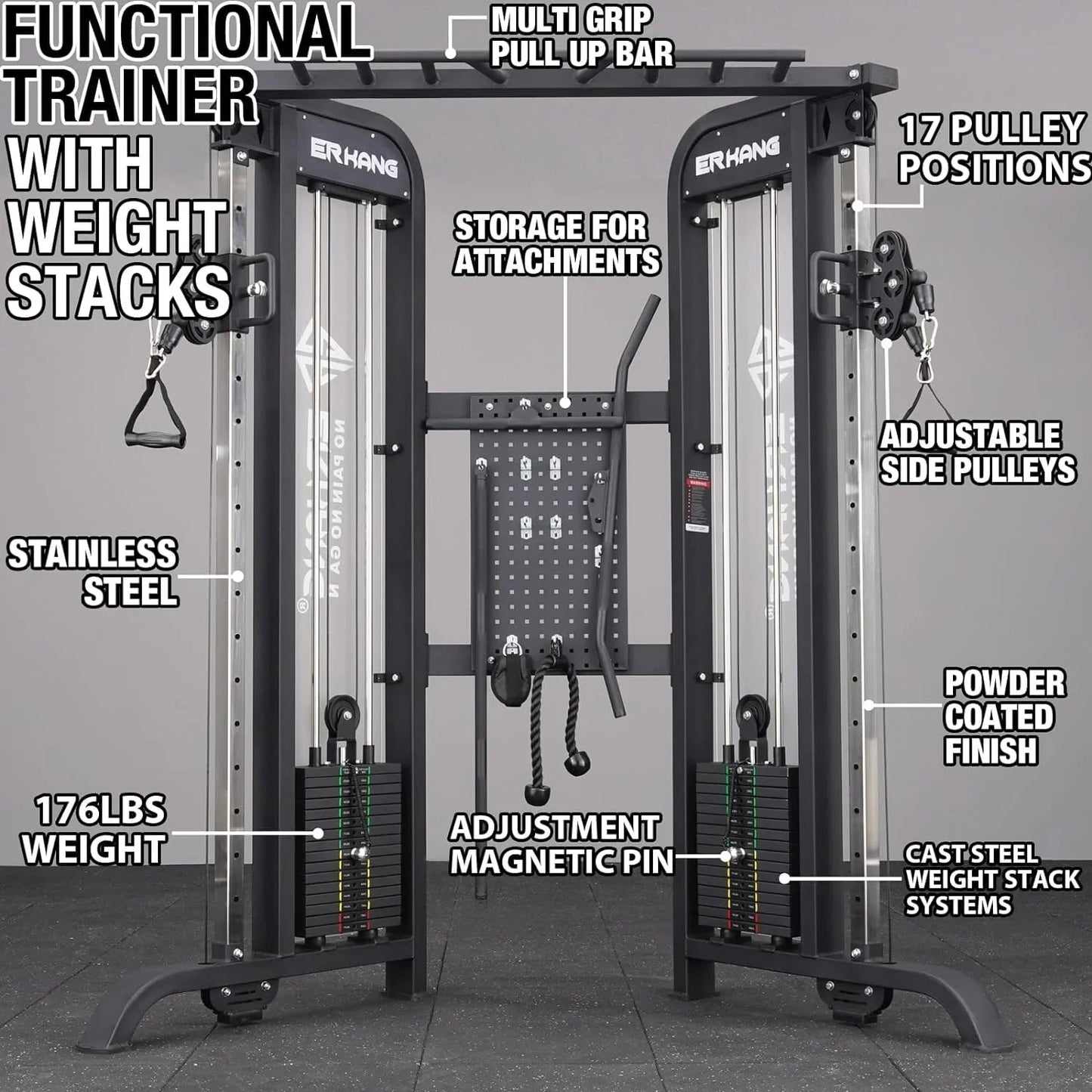 Syedee Functional Trainer with 352lbs Weight Stack, 2:1&1:1 Ratio System Cable Crossover Machine with Independent Double Pulley System, 2000lbs Multi-Functional Chest Fly Machine