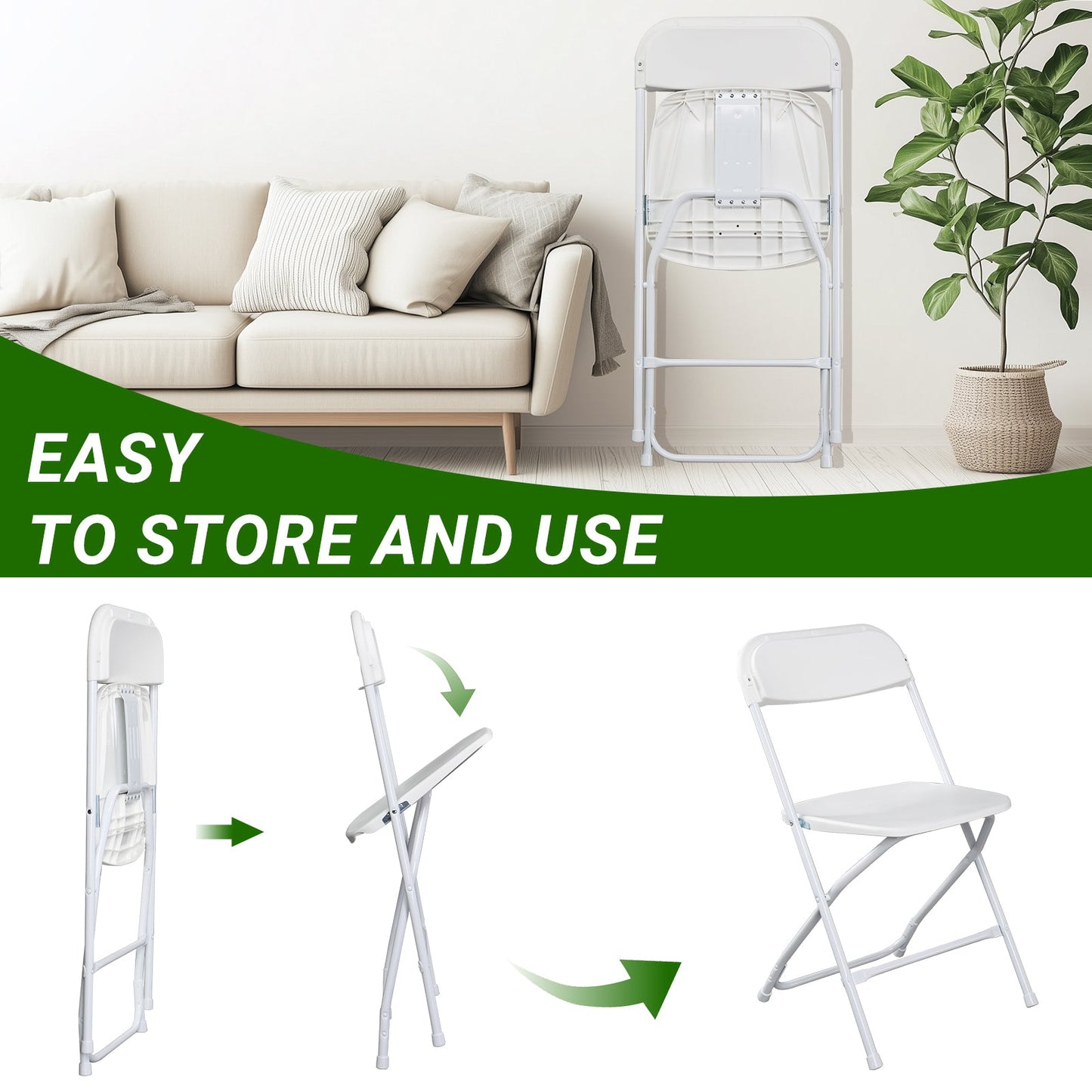 10 Pack Folding Chairs Stackable Wedding Party Event Chair With Plastic Seat and Back for Adults, White