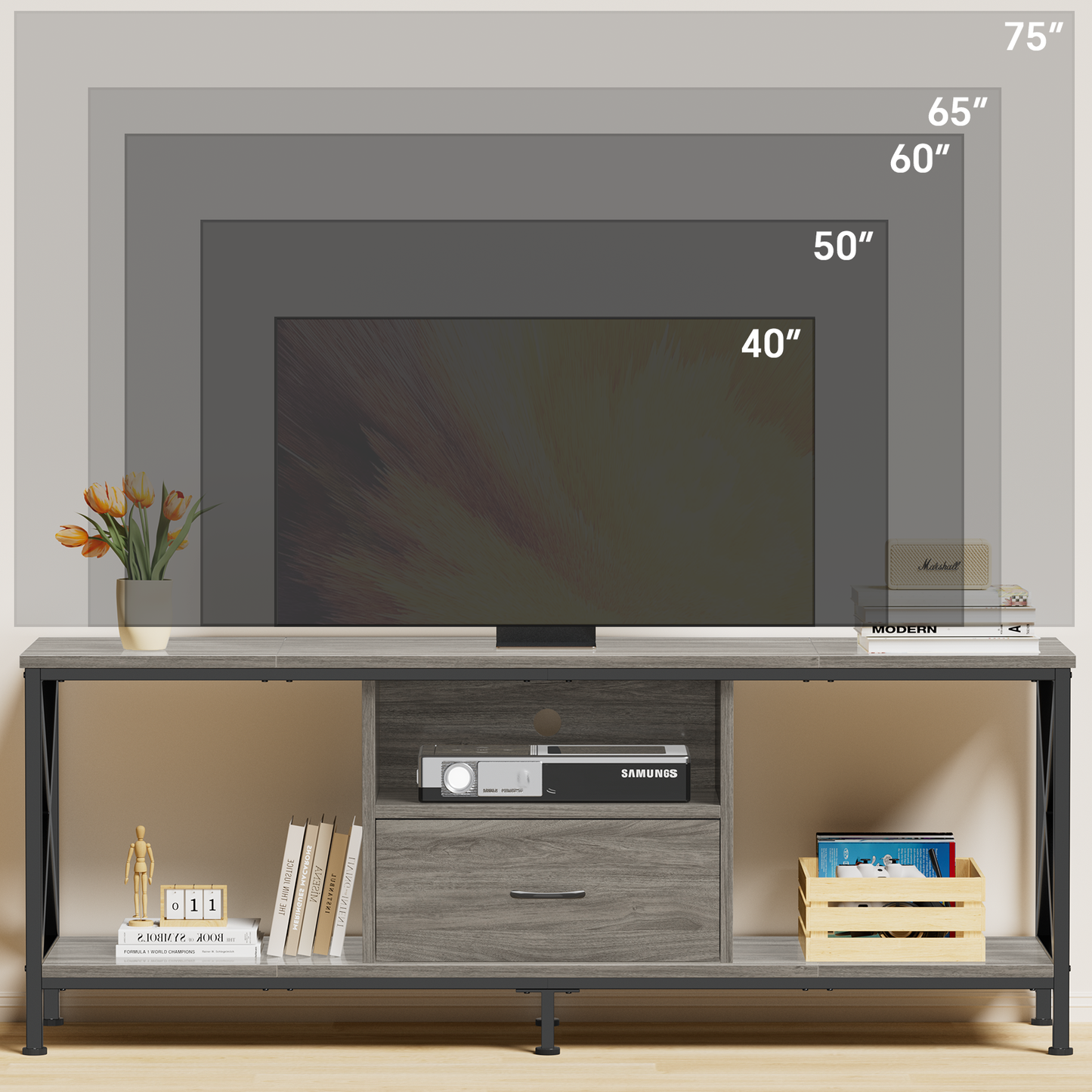 JOZ 65 inch TV Stand for TVs up to 75 inch with 2 Shelves and Storage Drawers, Rock Gray