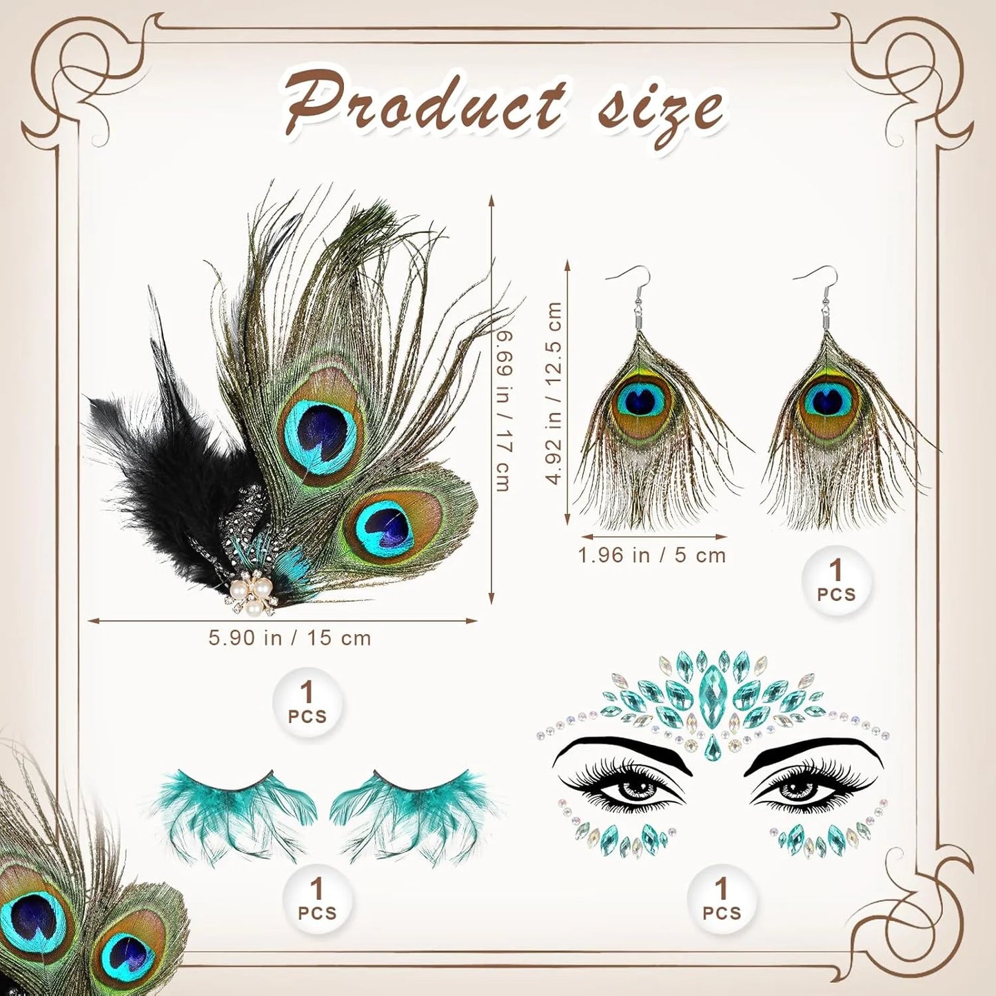 Peacock Feather Jewelry Set for Women, Green Fascinator Feather Clip Earring Big Eyelashes and Glitter Face Jewels Makeup Stickers for Halloween Carnival Festival Party Hair Face Decorations