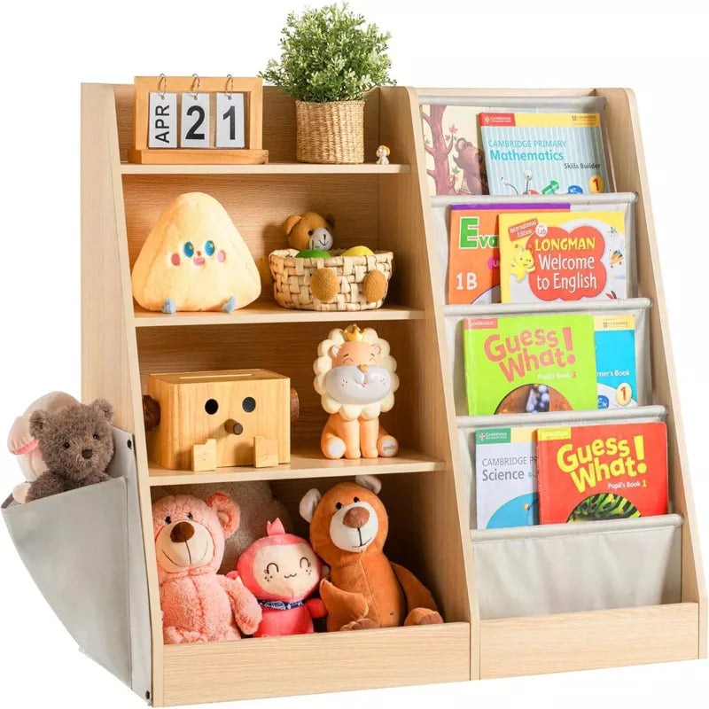 FONTOI Kids Bookshelf, Book Shelf with Side Pocket, 4 Tier Sling Bookcase Toy Organizer Toddler Nursery Book Shelves, Brown, 35.4"x 15.7" x 31.5"