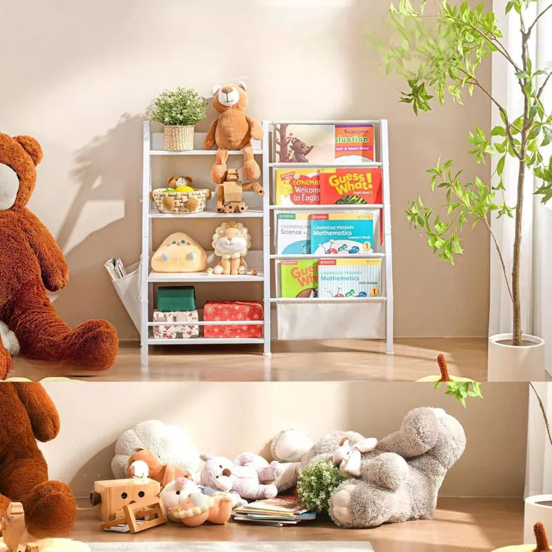 Unikito Kids Bookshelf, Book Shelf with Side Pocket, 4 Tier Sling Bookcase Toy Organizer Toddler Nursery Book Shelves, White, 33.9"x 11.8" x 30.9"