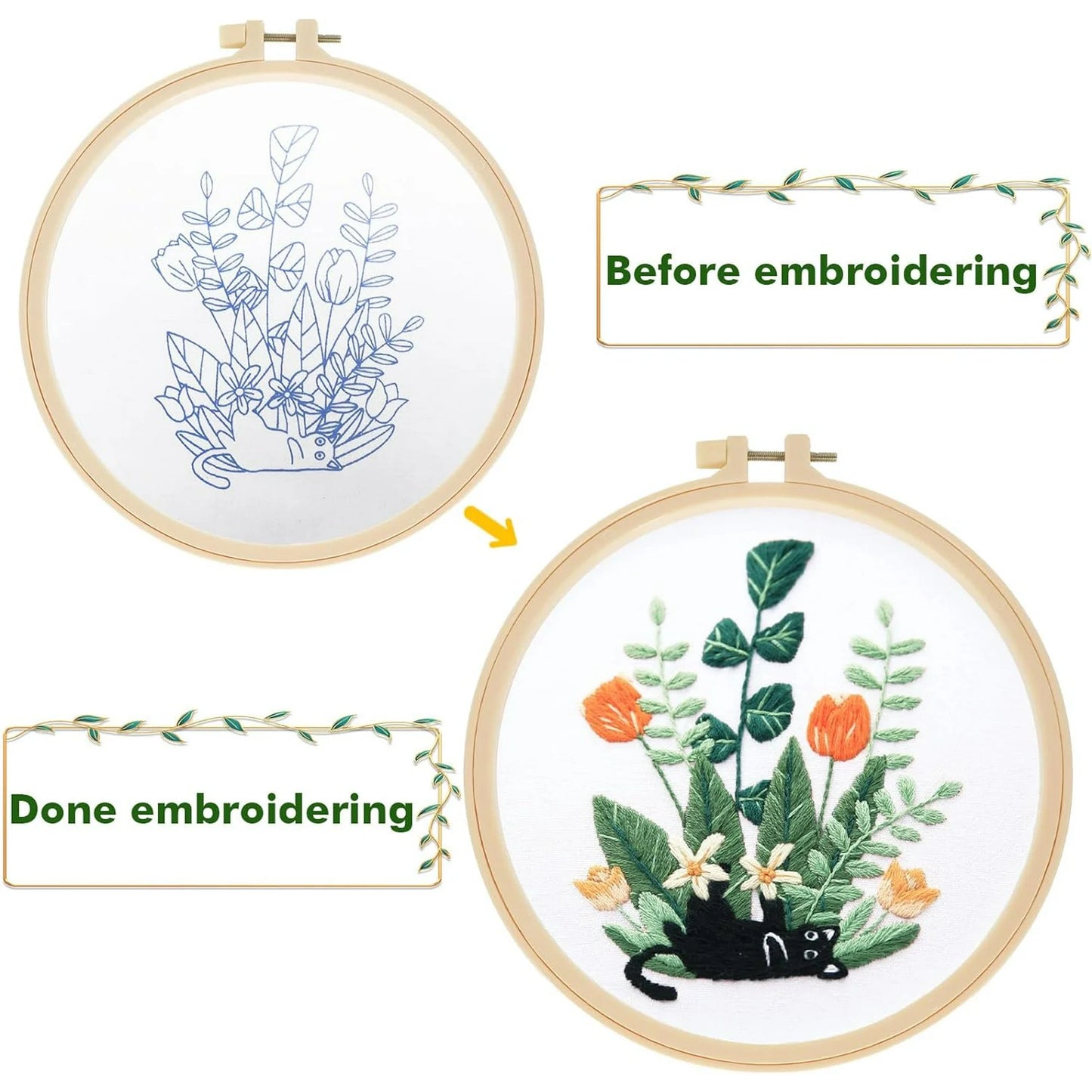 3 Pack Embroidery Kit for Beginners, Sewing Cross Stitch Starter Set Craft Stamped Cloth with Cute Cat Pattern Hoops Threads and Needles