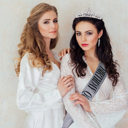 HOWAF Birthday Tiara for Women, Tiara for Women AB Rhinestone, Happy Birthday Queen Tiara for Women Birthday Crown Sash 2 Pack, Silver