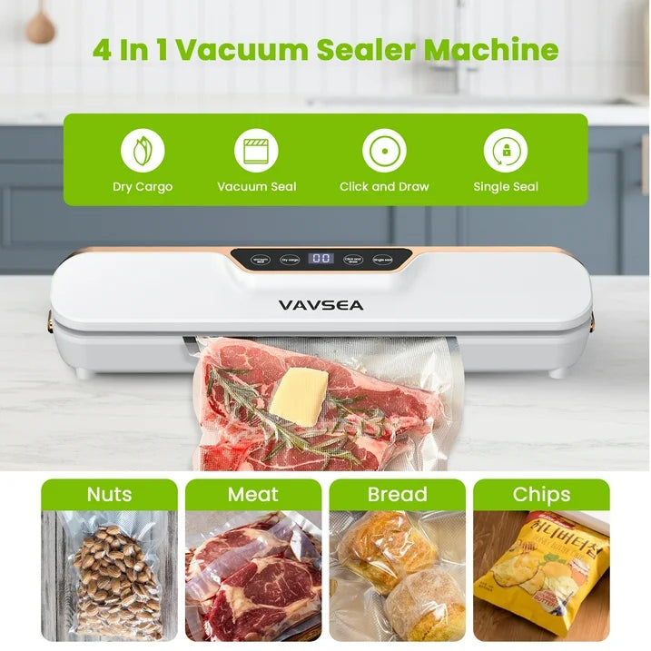 VAVSEA Vacuum Sealer, 62Kpa Food Sealer Machines with 4 Modes, Dry/Draw/Seal/Vac and 10Pcs Bags Starter Kit for Dry  Moist Food Storage Sous Vide for Kitchen