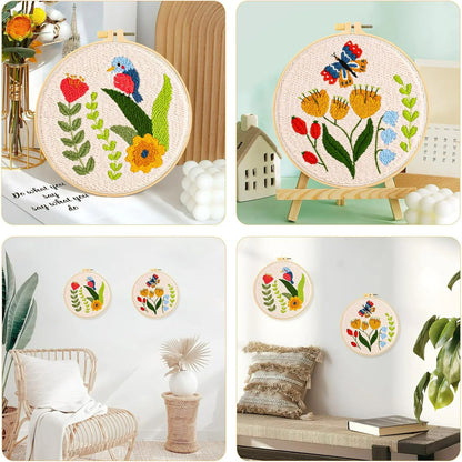 2 Pack Punch Needle Embroidery Kit for Beginners, Rug Hooking Starter Kit with Butterfly Flowers Bird Pattern Stamped Cloth 2 Embroidery Hoops Woolen and Punch Needle, DIY Handicraft Crafts Kit