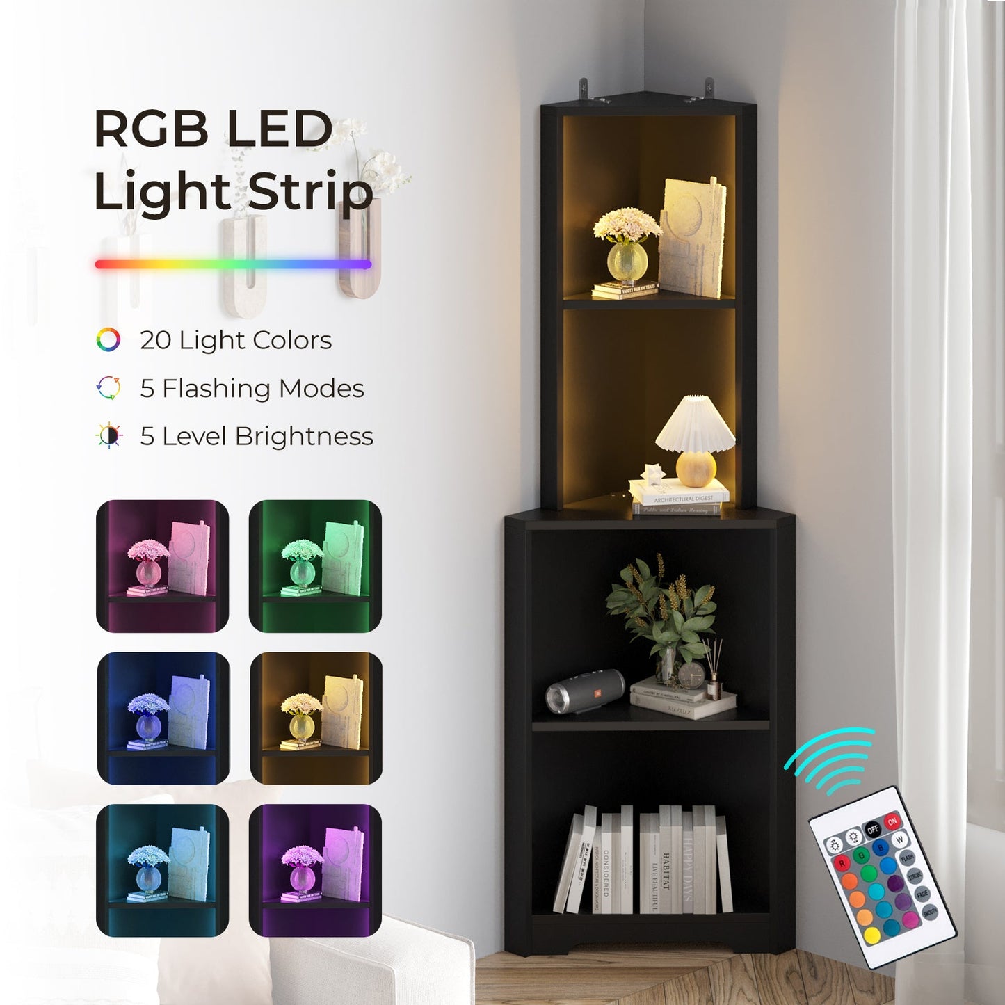 FCH 5-Tier Corner Bookshelf Corner Bookcase Display Storage Rack with LED USB Ports Outlets Black