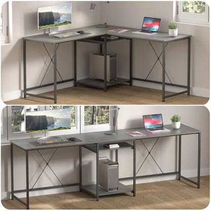 JOZ 59in Two-Way Convertible Desk with Lower Storage Shelf, Rock Gray Wood Grains Finish and Black Metal Frame