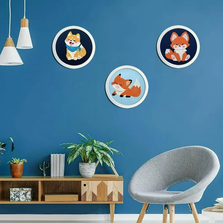 3 Pack Punch Needle Embroidery Kit for Beginners, Rug Hooking Starter Kit with Fox and Dog Pattern Stamped Cloth 3 Embroidery Hoops Woolen and Punch Needle, DIY Handicraft Crafts Kit