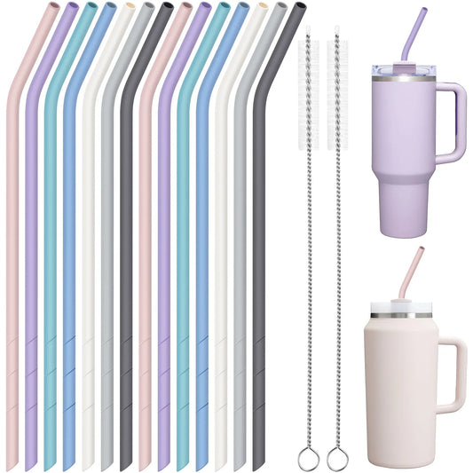 NiHome 14PCS Silicone Straws for Stanley 40oz 30oz Tumbler, 14" Extra Long Reusable Drinking Straw,Straws Flexible Can Cut Length for 1/Half Gallon 64OZ Large Water Bottle-2 Cleaning Brushes(Macaron)