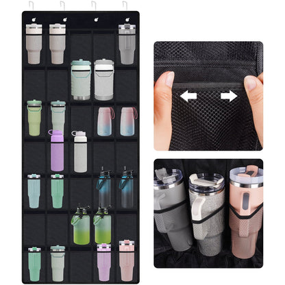 NiHome 35 Pockets Door Hanging Tumbler Organizer for Stanley in Kitchen, Pantry, Bedroom, Bathroom, Multi-Functional Large Capacity Elastic Mesh Secure Storage Cup Holder, Foldable for Home and RV