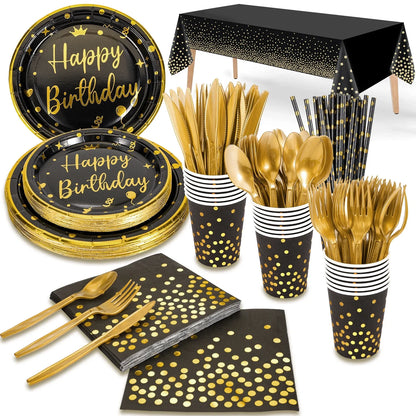 201Pcs Happy Birthday Party Supplies, Black Gold Dinnerware Set Paper Plates Napkins Plastic Tablecloth Forks Knives Spoons Serve 25 for Men Women