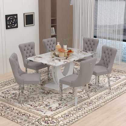 63" Modern Rectangle Faux Marble Dining Table Room Sets for 6,Dining Table with 6 Velvet Dining Chairs,White Table and 6 Gray Chairs with Silver Leg