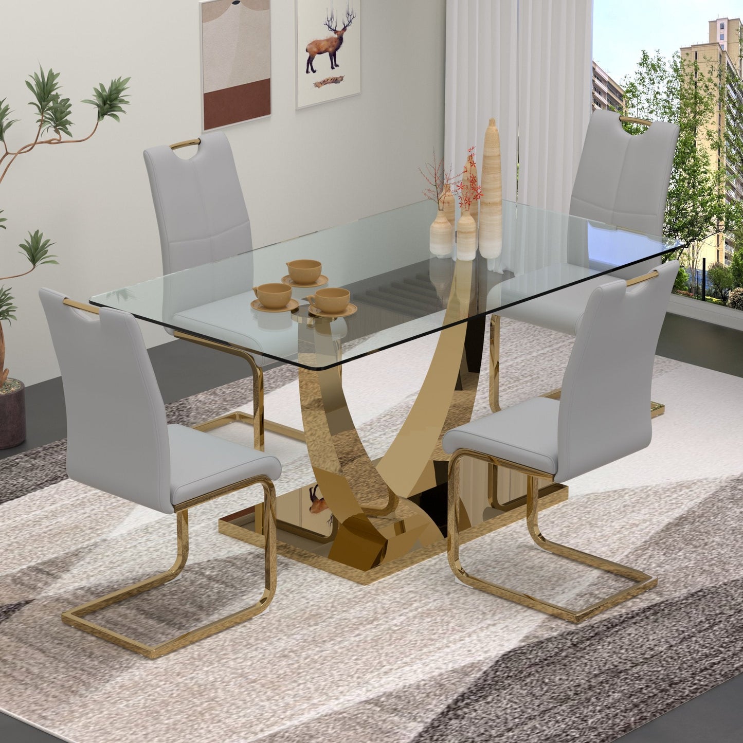 Sumdeal 63" Glass Dining Table Set for 4,Gold Dining Room Table Set for 4,Modern Kitchen Table and PU Leather Chairs for 4,Gray with Gold Leg C Shape