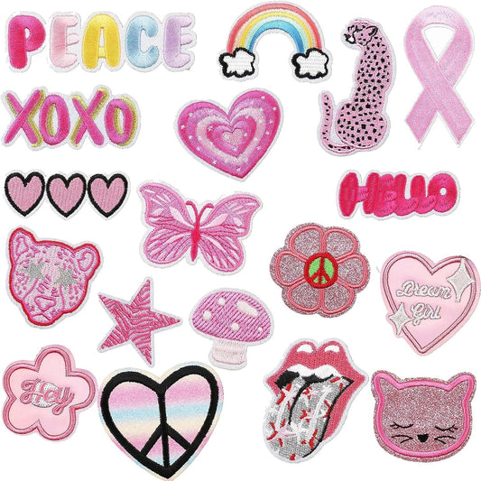 18Pcs Preppy Patches Pink Iron on Patches Cute Love Repair Decorative Patch for Clothing Design Backpack Jackets Hats Jeans Shirt DIY Craft Decorations