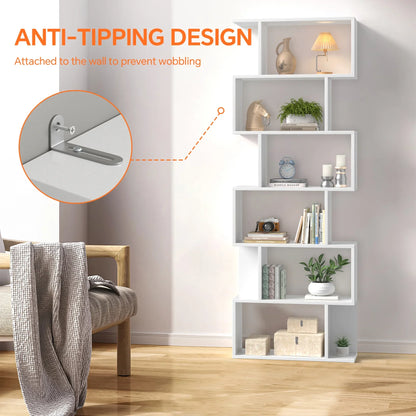 JOZ Geometric Bookcase Wooden Wood S Shape Storage Display Unit Bookcase Bookshelf 6-Tier Storage, 75" H x 27.6" W, White