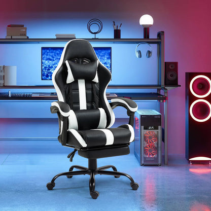 HOMHUM Gaming Chair, PU Leather Office Chair w/ Footrest and Massage Lumbar Support, Ergonomic Computer Chair w/ Headrest, 360° Swivel Desk Chair, White