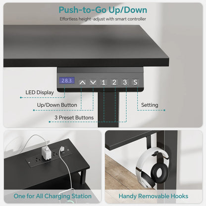 JOZ Electric Height Adjustable Standing Desk, 48 x 24 inches Sit-Stand Desk with Memory Preset and T-Shaped Metal Bracket - Black
