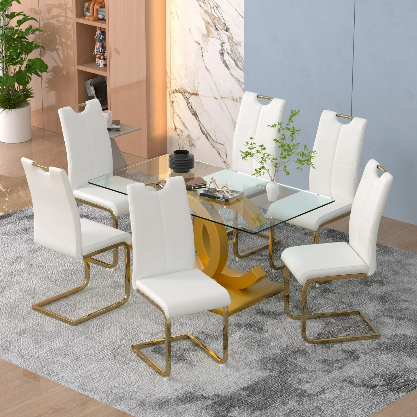 63" Modern Glass Dining Table Set with 6 White Pu Leather Chairs, 7 pieces of Dining room Set for Kitchen Dining Room Living Room Office