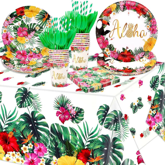 133Pcs Hawaiian Luau Party Supplies Tropical Dinnerware Set Serves 16, Aloha Plates Napkins Cups Tablecloth Knives Forks Spoons for Birthday Luau Party Decorations