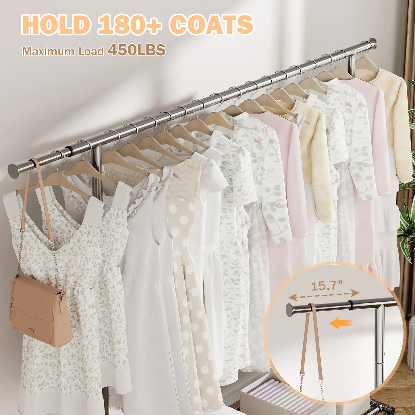 JOZ 450 lbs Heavy Duty Commercial Garment Rack with Shelves, Adjustable Rolling Clothes Rack - Chrome Finish