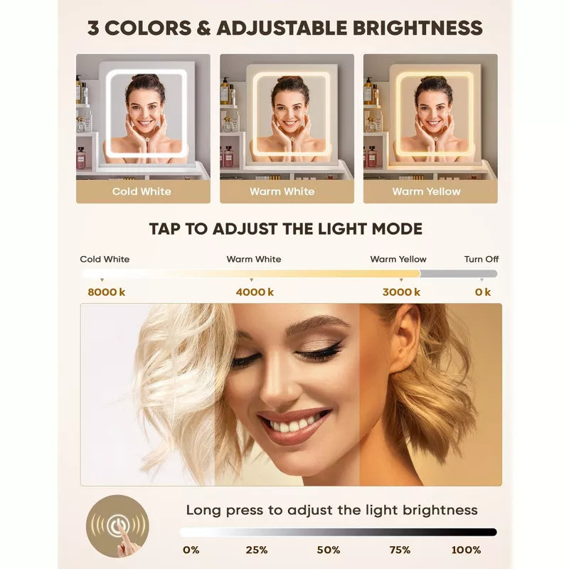 Vanity Desk Set with Square Mirror and Light  Small Vanity Tale with Drawers