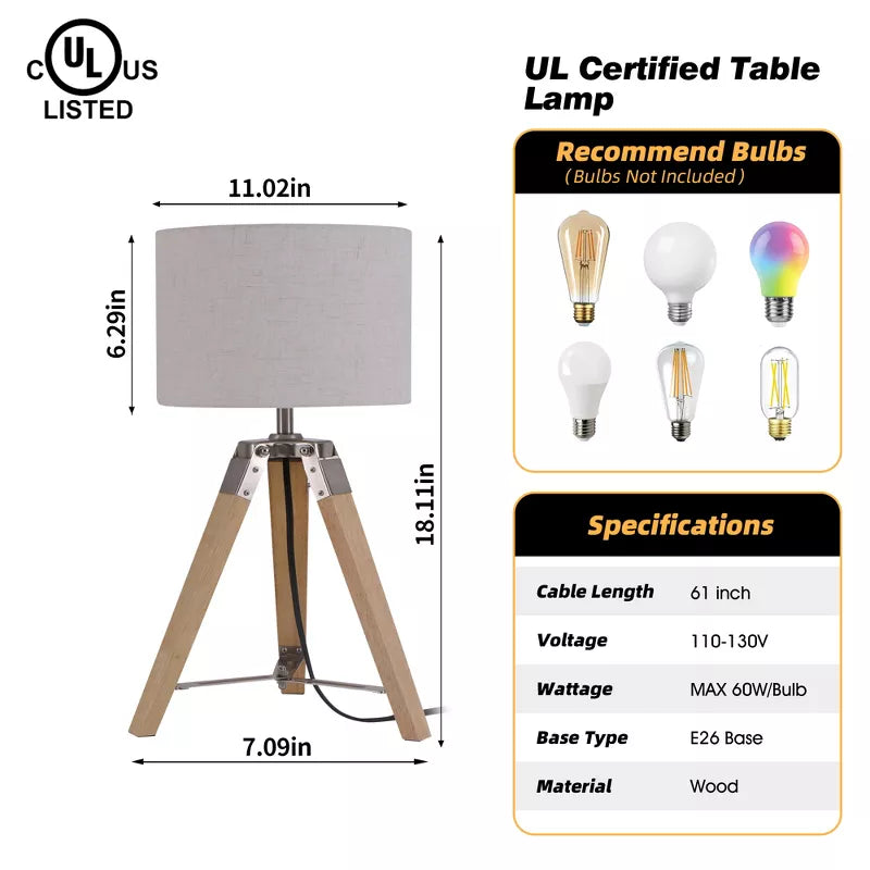 HBEZON 18 H Tripod Table Lamp with Beige Linen Shade for Bedroom, Living Room, Dining Room, Office, Rubber Wood