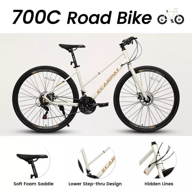 BestParts Road Bike 700C×35, 21-Speed Commuter Bike, Urban Hybrid Bicycle, Dual Disc Brakes, for Adults & Students, Cream Steel Frame