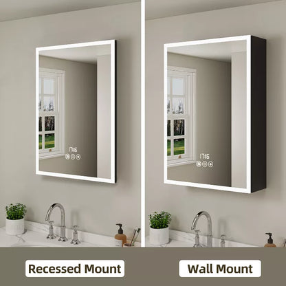 HBEZON Medicine Cabinet with Mirrors and Lights, Recess/Wall Mount Bathroom Cabinet, 3 Mode Light, Dimmable, Sensor Light, Defogger, Clock Temp, Black