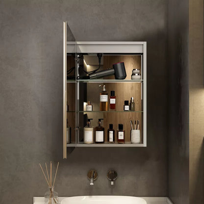 HBEZON LED Medicine Cabinet with Mirrors and Lights, Recess/Wall Mount Bathroom Cabinet, 3 Mode Light, Dimmable, Anti Fog, Time  Temp, Outlet, Silver