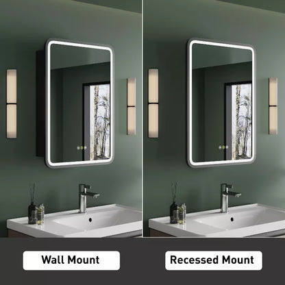 HBEZON Medicine Cabinet with Mirrors and Lights, Recess/Wall Mount Bathroom Cabinet, 3 Mode LED Lights, Anti Fog, Dimmable, Memory Function