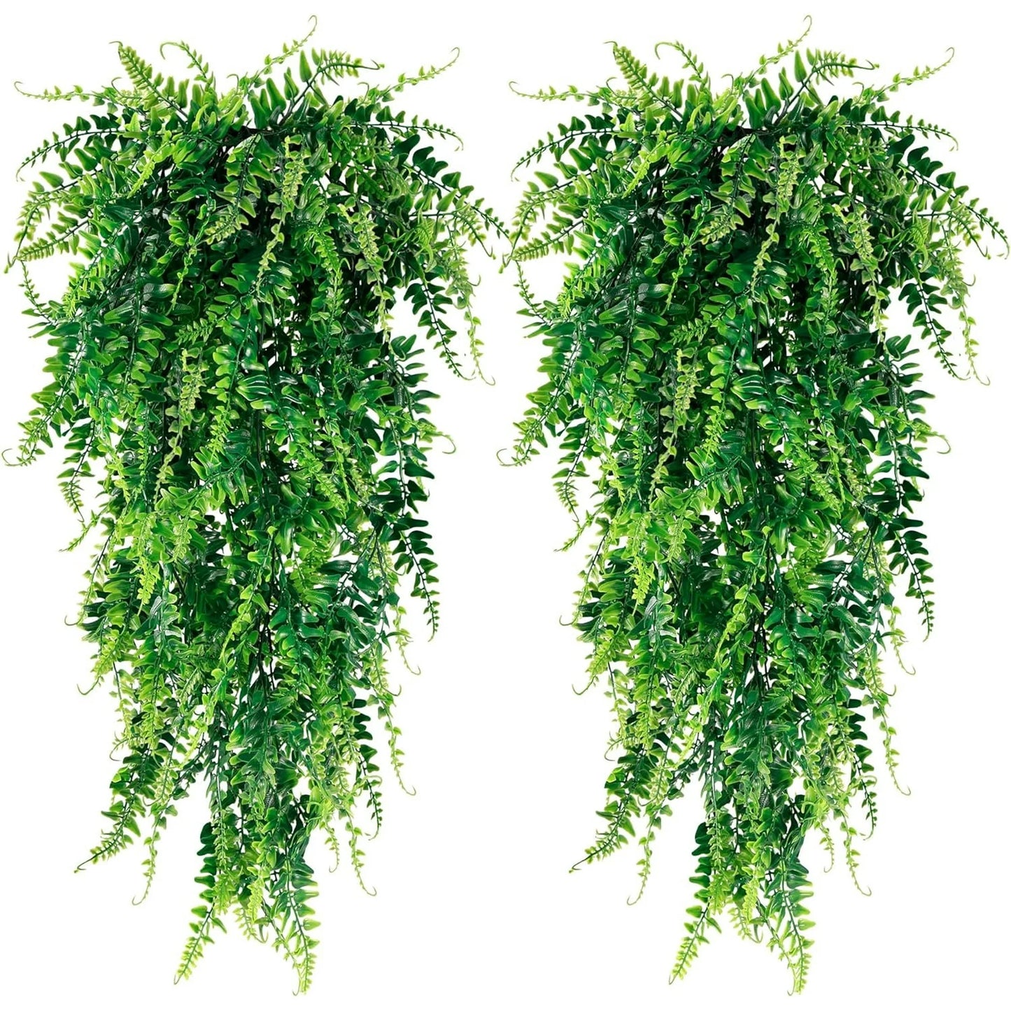 2 Pack Artificial Hanging Boston Fern Plants Faux Rattan Plants Fake Vines Greenery for Indoor Outdoor Room Wall Wedding Patio Porch Decor