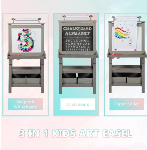 Kinder King 3 in 1 Kids Art Easel w/Storage Double-Sided Magnetic Whiteboard & Chalkboard Dry-Erase Board w/Paper Roller