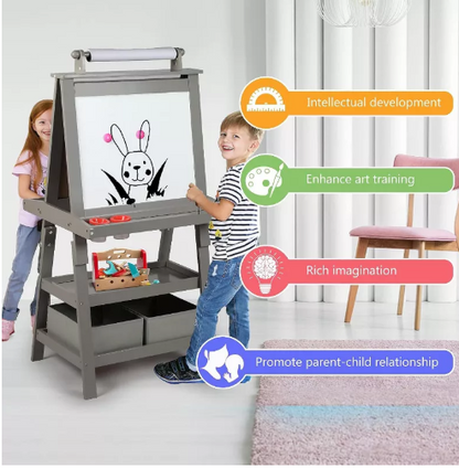 Kinder King 3 in 1 Kids Art Easel w/Storage Double-Sided Magnetic Whiteboard & Chalkboard Dry-Erase Board w/Paper Roller