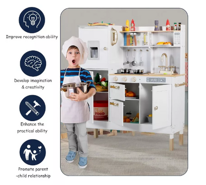 Kinder King Wooden Kids Play Kitchen, Toy Kitchen Playset for Toddler, Realistic Kitchen Sets w/Lights & Sounds, Gift for Boys Girls Age 3+, Gold