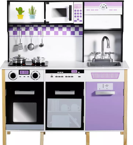 Kinder King Wooden Kids Play Kitchen, Toy Kitchen Playset for Toddler, Realistic Kitchen Set w/Lights & Sounds, Gift for Boys Girls Age 3+, Purple