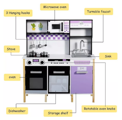 Kinder King Wooden Kids Play Kitchen, Toy Kitchen Playset for Toddler, Realistic Kitchen Set w/Lights & Sounds, Gift for Boys Girls Age 3+, Purple
