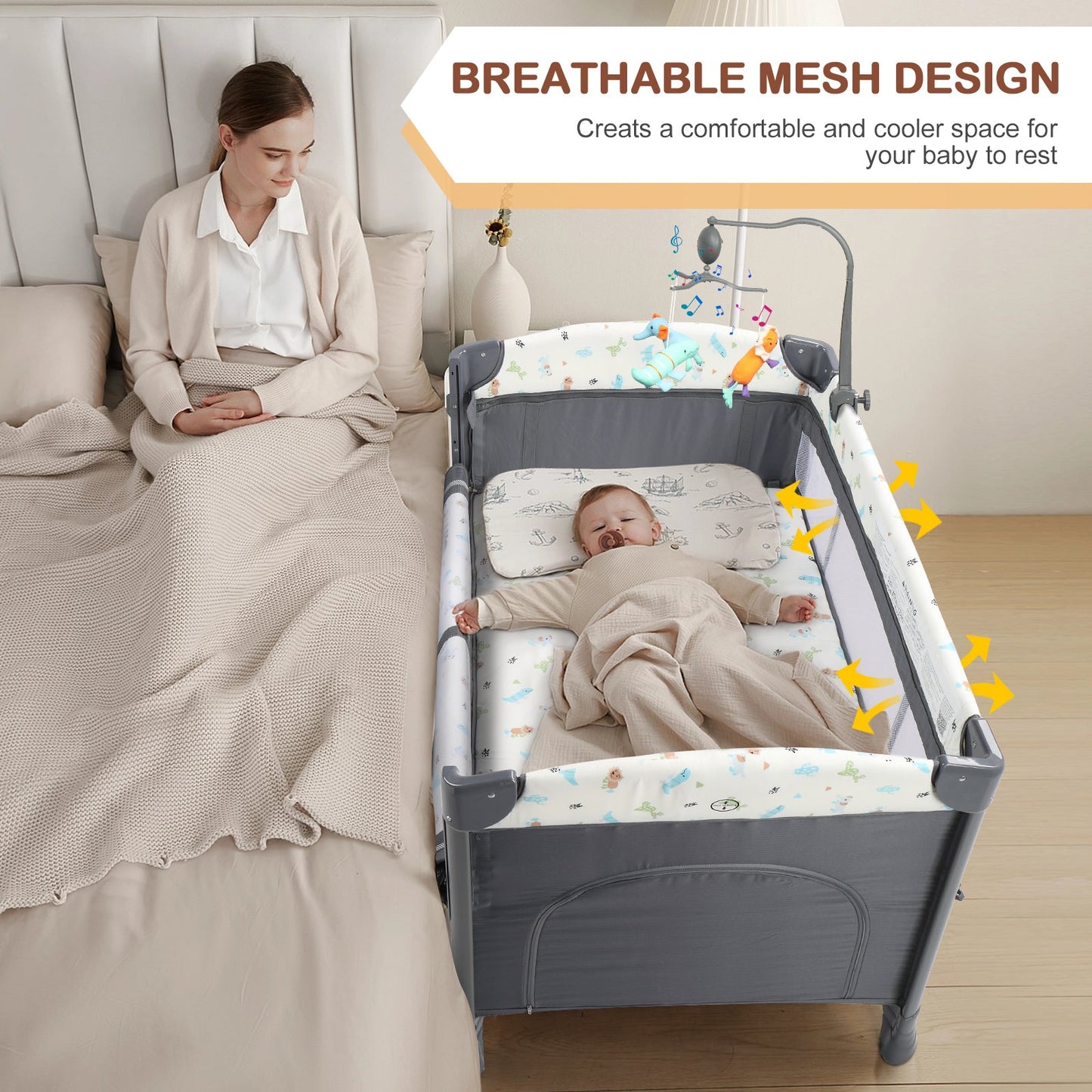 Zimtown 4-in-1 Wide Baby Bassinet Bedside with Mattress, Portable Baby Crib for Newborn to Toddlers, Gray