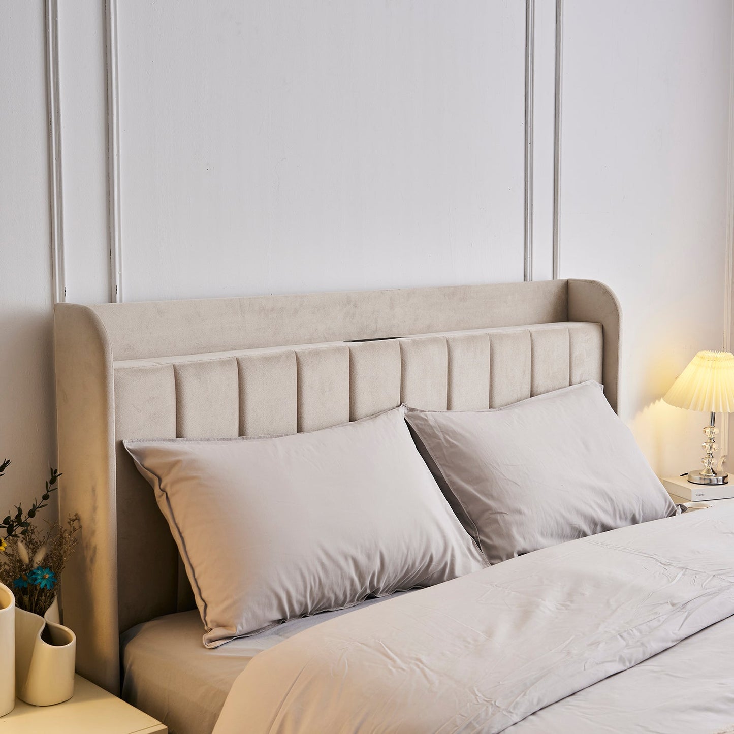 Queen Bed Frame with Charging Station, Platform Bed Frame with Upholstered Headboard, Modern Deluxe Wingback, Wood Slat Support, Mattress Foundation, Beige