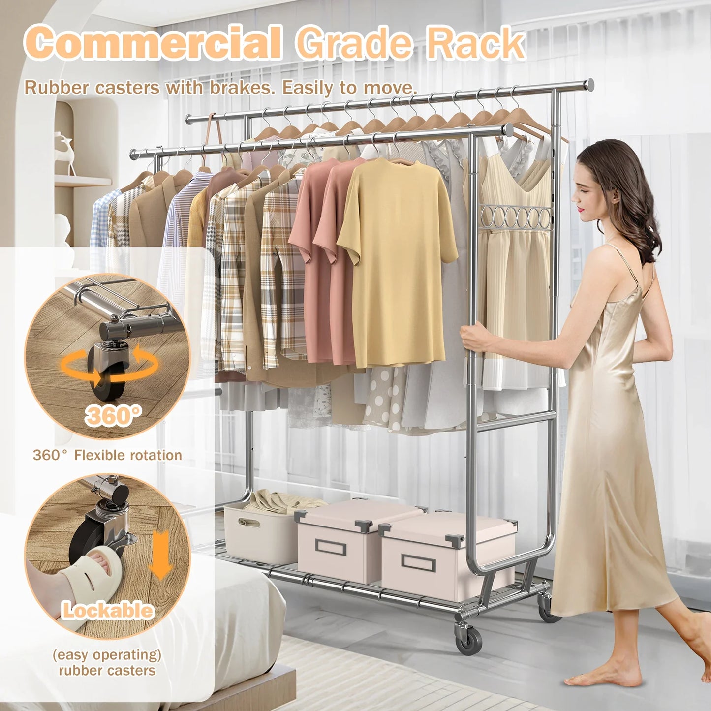 JOZ 600 lbs Commercial Grade Heavy Duty Garment Rack with Shelves, Collapsible Clothing Rack on Wheels, Portable and Adjustable, Chrome Finish