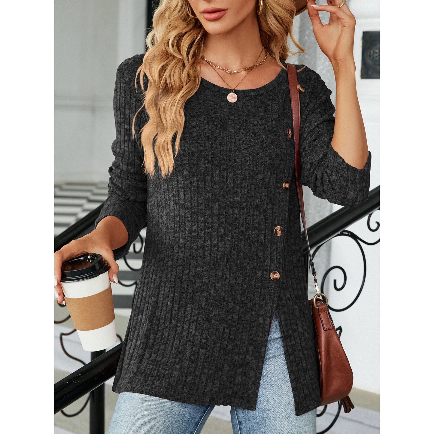 SHIBEVER Tops for Women Casual Long Sleeve Blouses Fall Knit Tunic Tops Round Neck Loose Side Split Sweater with Side Button Size L