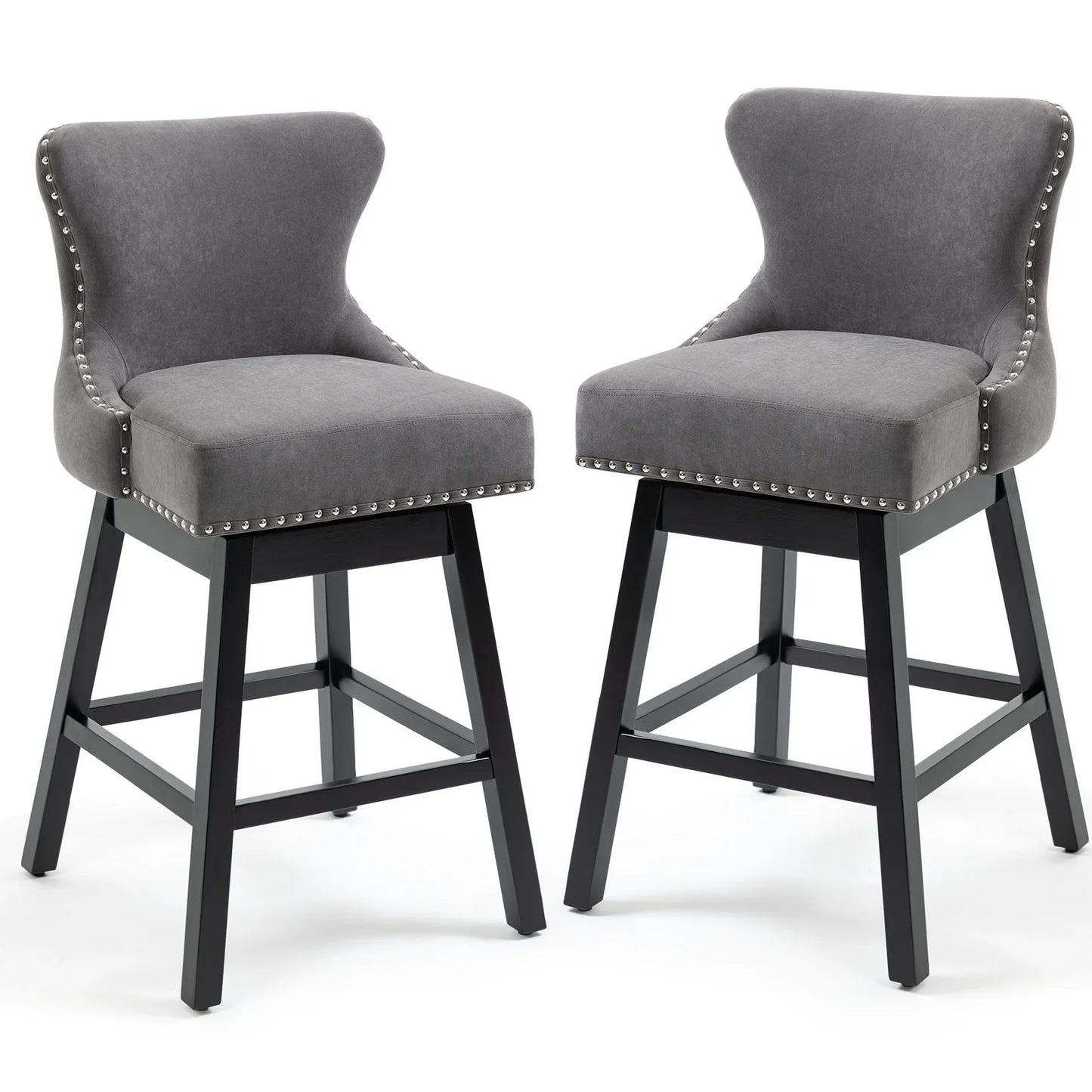 Homhum 29-Inch Bar Stools Set of 2, 360° Swivel and Wood Legs, Fabric Island Chairs - Gray