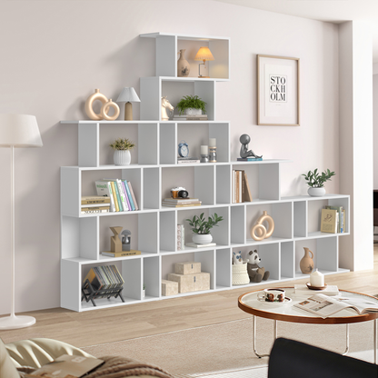 JOZ Geometric Bookcase Wooden Wood S Shape Storage Display Unit Bookcase Bookshelf 6-Tier Storage, 75" H x 27.6" W, White